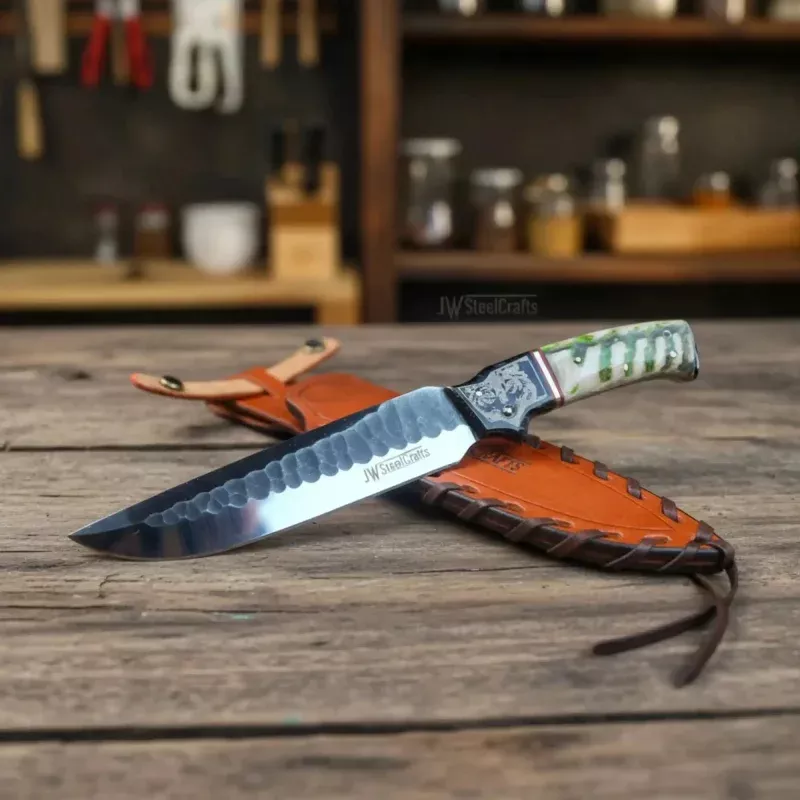 10-Inch Hammered Spear Point Survival KnifeRam Horn Black Resin Handle, Tiger Engraved Copper Bolster & Leather Sheath