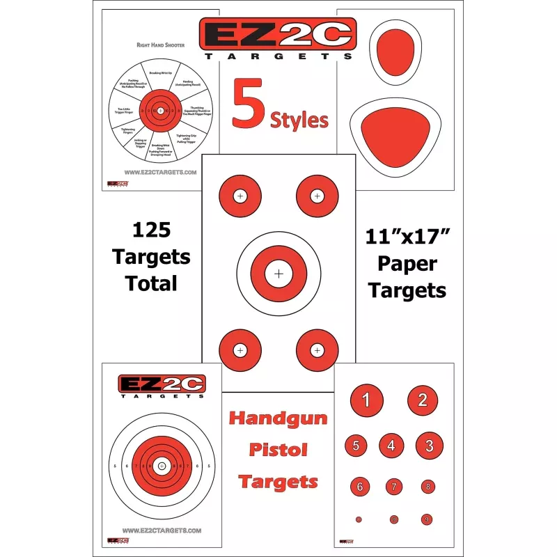 125 EZ2C Targets Favorites 5 Handgun Styles Paper Targets Bundle 11×17 USA Made