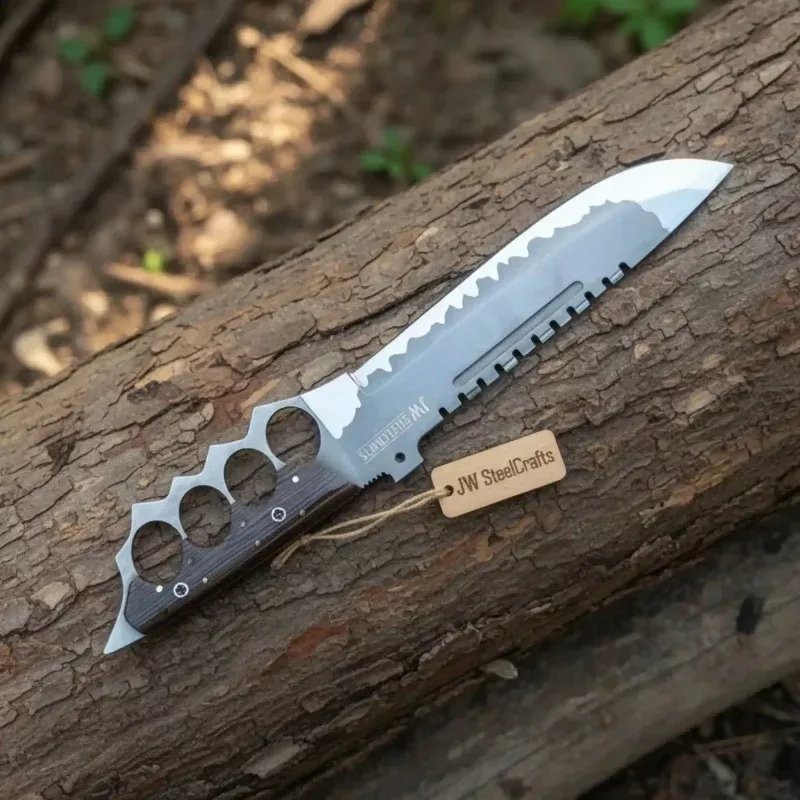 14-Inch High Carbon Steel Combat KnifeAcid Etched Tanto Blade, Knuckle Duster Guard & Wenge Wood Handle