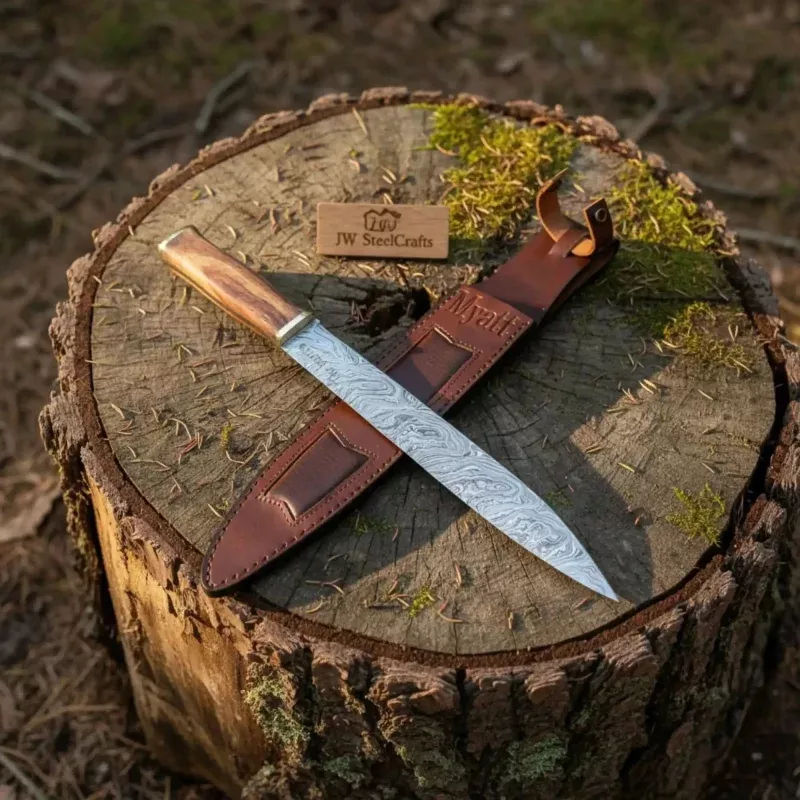 15-Inch Damascus Seax Knife10-Inch Wave Pattern Blade, Rosewood Handle
