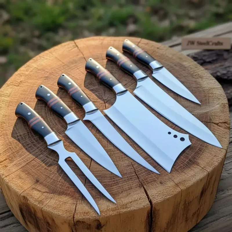 6-Piece J2 Steel Kitchen Knife SetChef, Cleaver, Santoku, Utility, Paring & Carving Fork with Black Resin Rosewood Handles