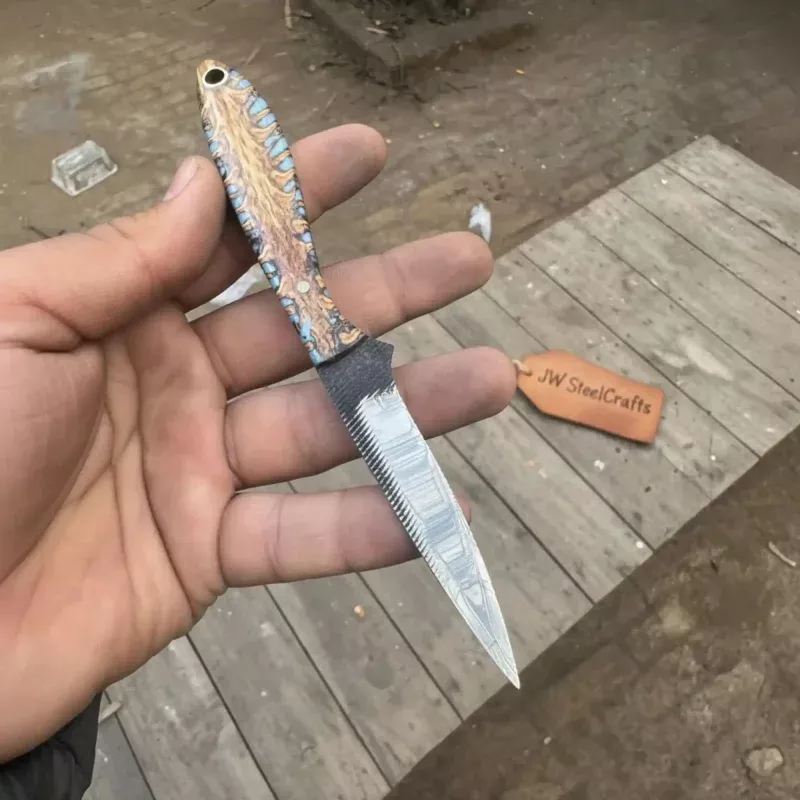 7-Inch Rasp Steel DaggerDouble-Edged Blade, Pinecone Blue Resin Handle, Steel Guard & Brass Lanyard Hole