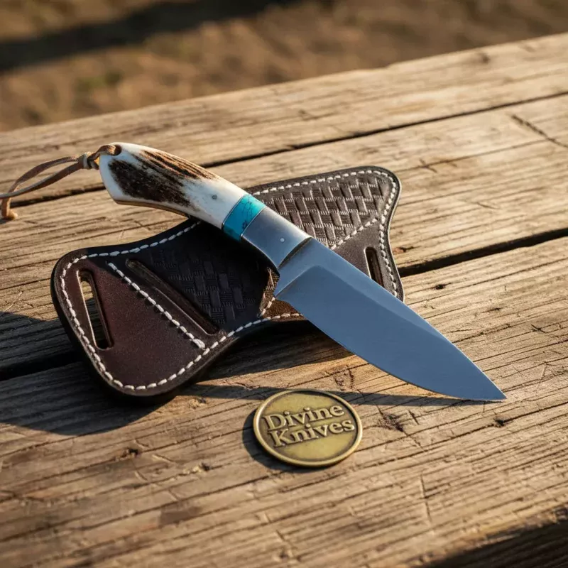 Acid-Washed Cowboy Knife with Stag Horn & Turquoise HandleHandmade Outdoor Tool