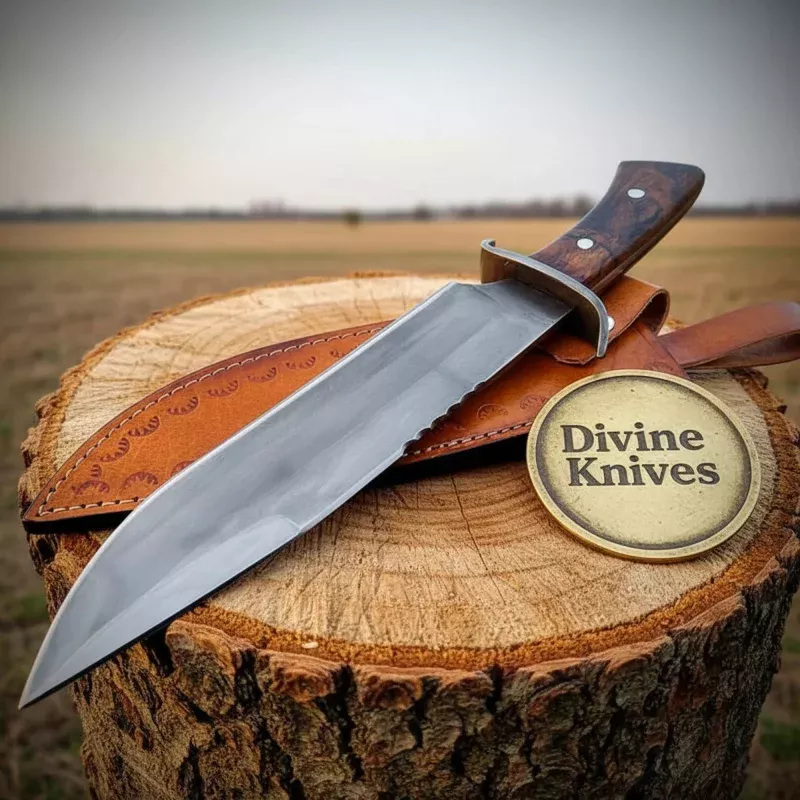 Acid Washed Damascus Knife with Wood HandleHandcrafted Skinner with Leather Sheath