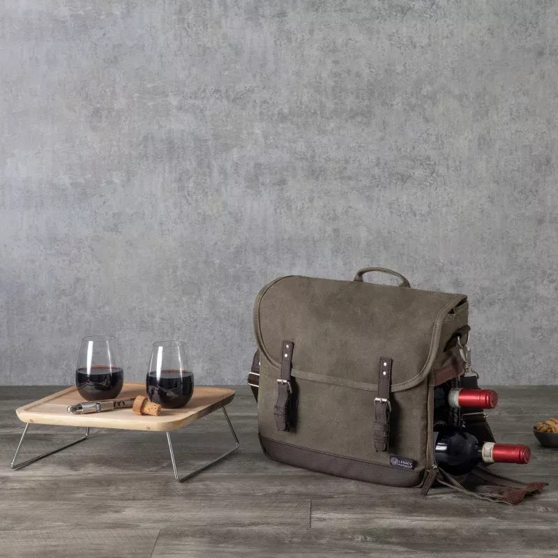 Adventure Wine Tote|Khaki Green with Brown Accents&Off-White