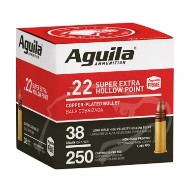 Aguila 1B221103 Super Extra High Velocity 22LR 38gr Copper Plated Hollow Point 250 Per Box/8 Case