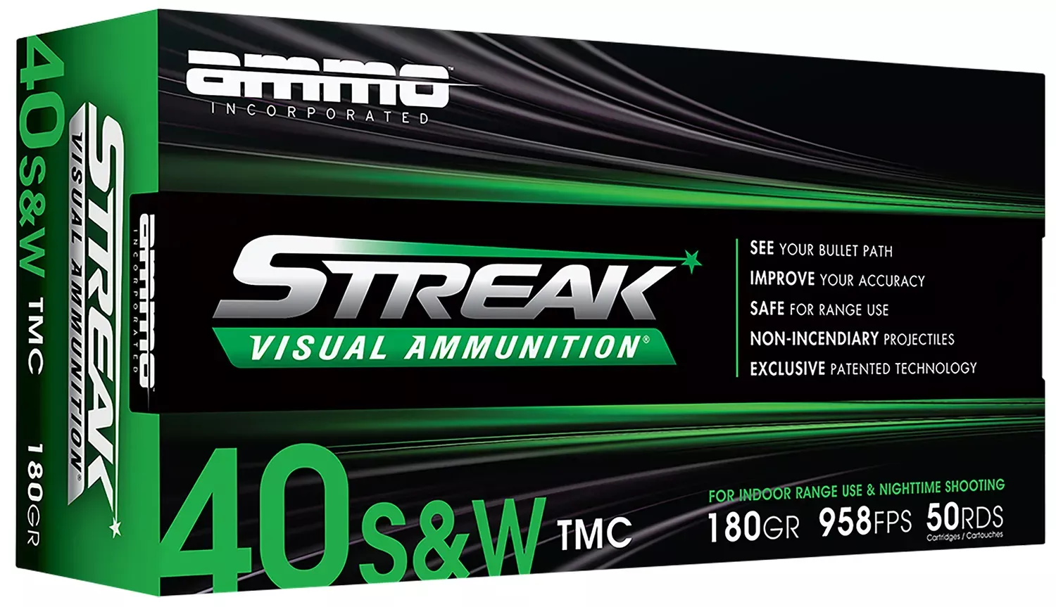 Ammo Inc Streak Visual (GREEN) 40 S&W Ammo 180 Grain Total Metal Case 50 Rounds 40180TMCSTRKGRN50