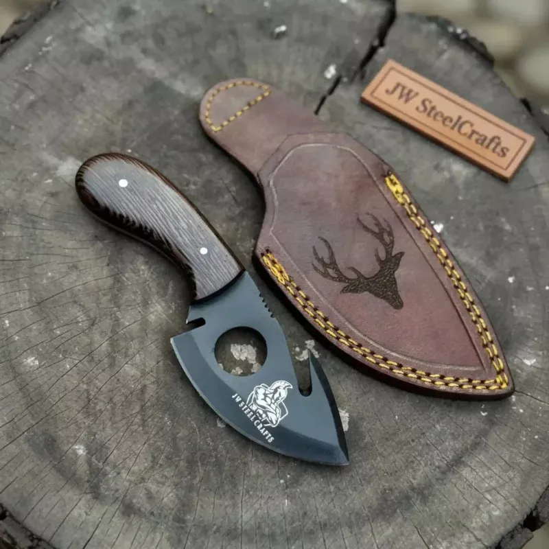 Backwoods Guthook Skinner Knife 6Handmade Full Tang Hunting Blade with Hardwood Handle & Leather Sheath
