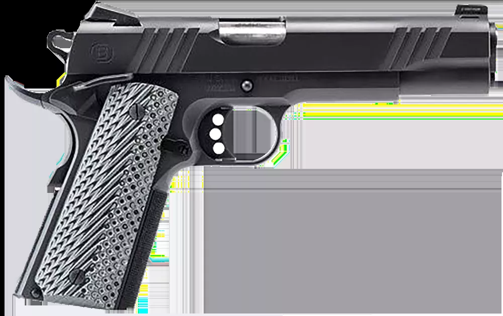 Bersa B1911 .45ACP 8+1 5″ Barrel SS Frame Ambi Thumb Safety Extended Beavertail Grip Safety G10 Grips Black SAO B19117050BBBB