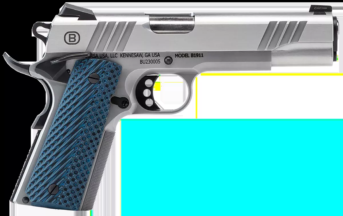 Bersa B1911 .45ACP 8+1 5″ Stainless Slide/Frame Tritium Front/Novak Rear Sight Ambi Safety G10 Grips Black/SS B19117050SMBL