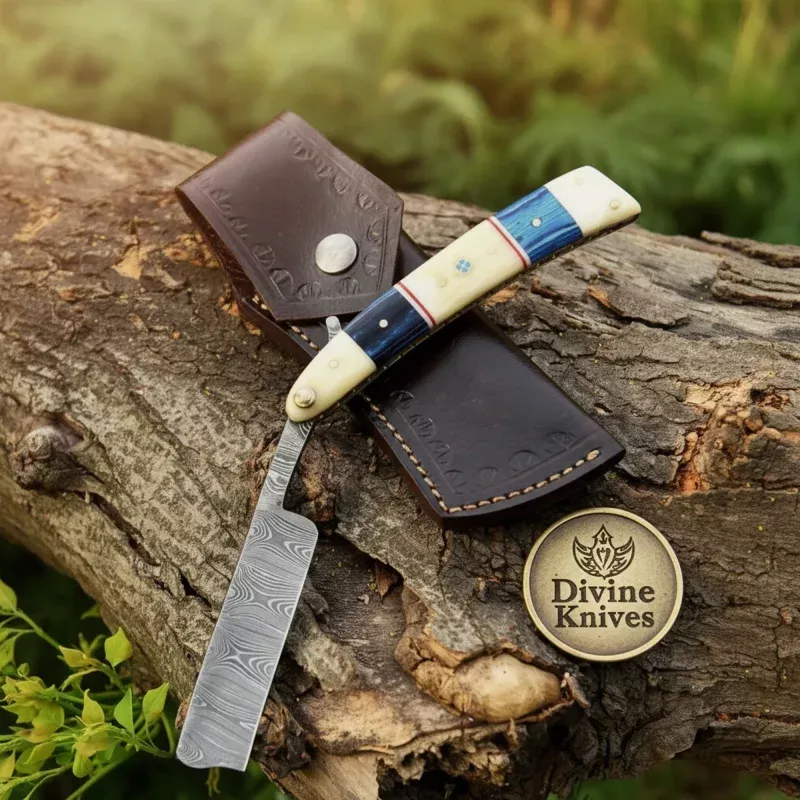 Blue Pakkawood & Camel Bone Straight RazorHandcrafted Cut-Throat Razor with 4-Inch Blade