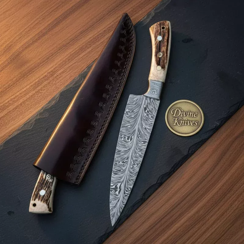 Bone Handle Damascus Chef Knife with Protective Sheath