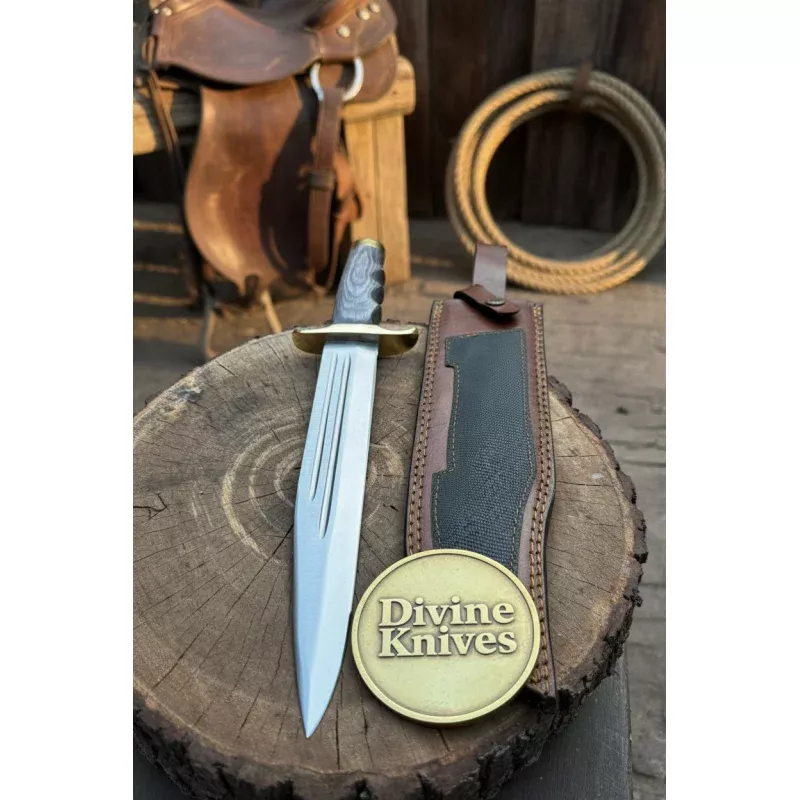 Brass Guard Damascus Dagger Display Knife with Leather Sheath