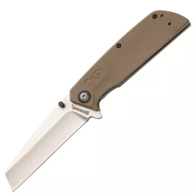 Browning Plateau Assisted Flipper Knife 3.25" D2 Stonewashed Cleaver Blade Tan G10 Handles