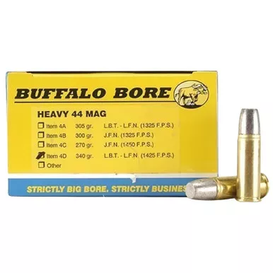 Buffalo Bore Ammunition 4D20 Heavy Strictly Business 44Rem Mag +P+ 340gr Lead Flat Nose 20 Per Box/12 Case