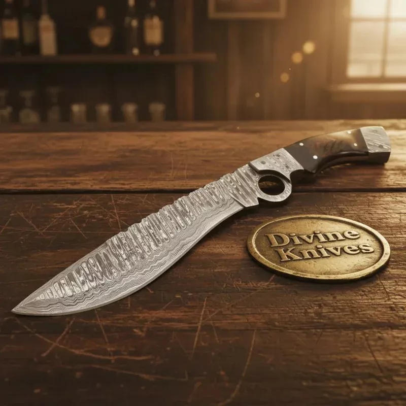 Burl Wood Handle Damascus Bowie Knife for Outdoor Adventures