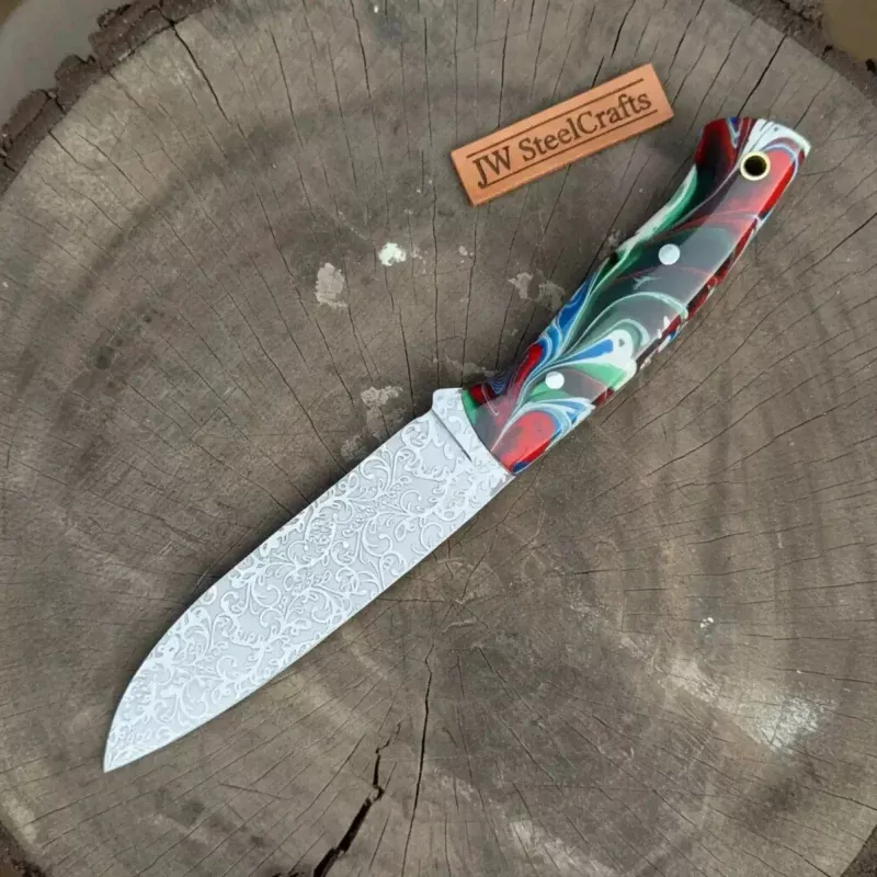 Bushcraft Utility Knife 9Acid Etched Blade with Marble Resin Handle