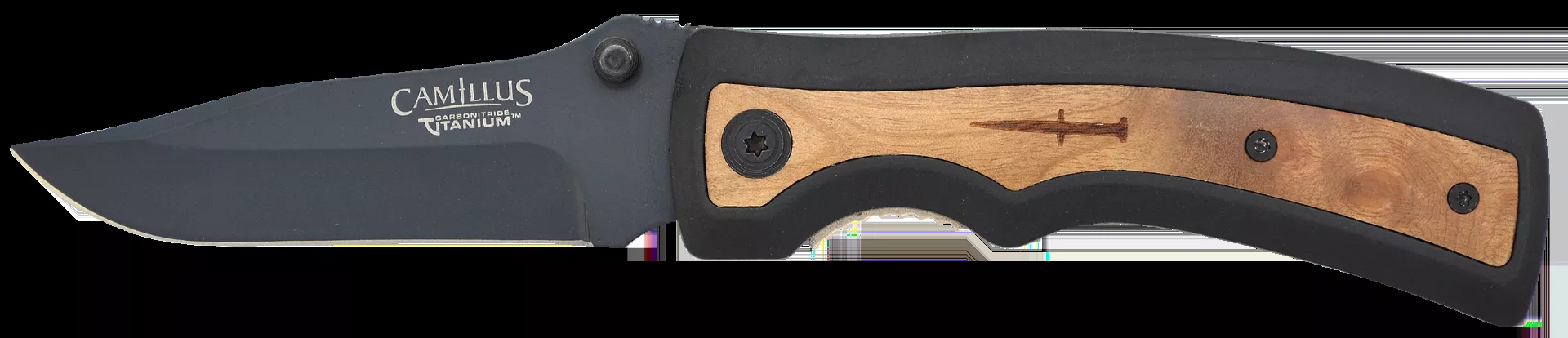 Camillus Slick Knife 3" Folding Clip Point Plain Black Carbonitride Titanium AUS-8A SS Blade, 5" Black Rubber/Wood Handle 19076-001