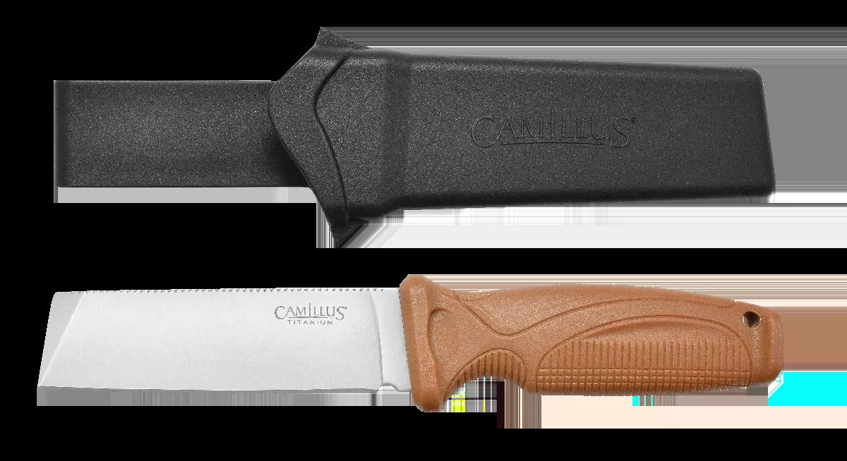 Camillus Swedge 4.30" Fixed Plain Silver 420 Steel Titanium Bonded Blade, Textured Tan ABS Handle, Includes Sheath