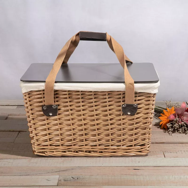 Canasta Grande Wicker Basket|Beige Canvas with Brown Lid&Beige Canvas with Red & White Gingham Pattern Lid