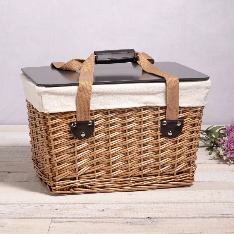 Canasta Wicker Basket|Beige Canvas with Brown Lid&Beige Canvas with Red & White Gingham Pattern Lid