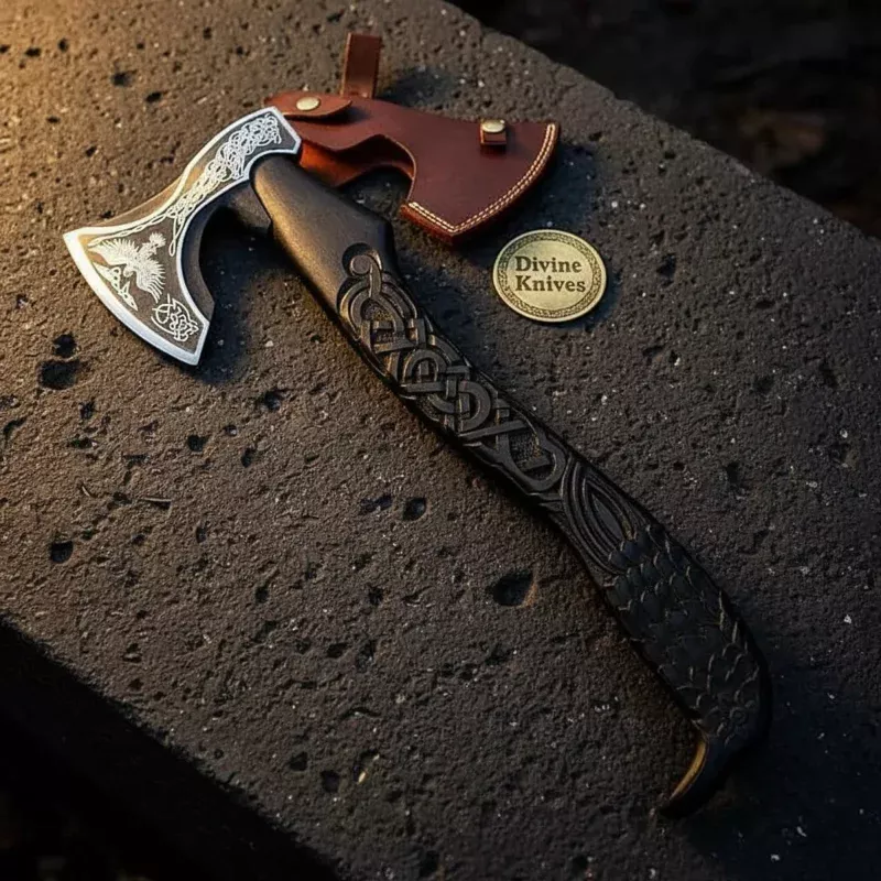 Carved Viking Axe with Raven-Etched Head, Knotwork Handle & Sheath