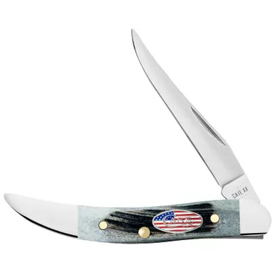 Case 53064 Texas Toothpick Stars & Stripes Small 2.25" Folding Clip Point Plain Mirror Polished Tru-Sharp SS Blade, Jigged Gray Bone Handle, American Flag Shield