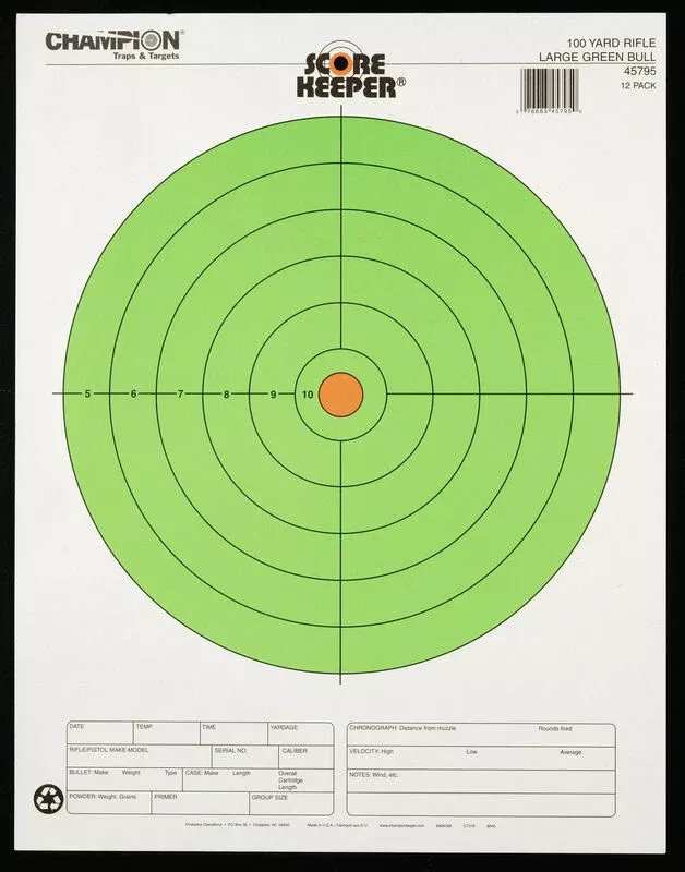 Champion Targets Score Keeper, Champ 45795 100 Yd Large Green Bulleye12pk
