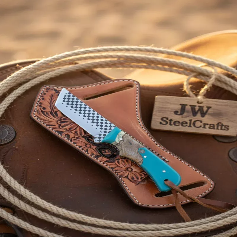 Checkered Cleaver EDC KnifeHand-Forged Checkerboard Blade with Turquoise Burl Handle