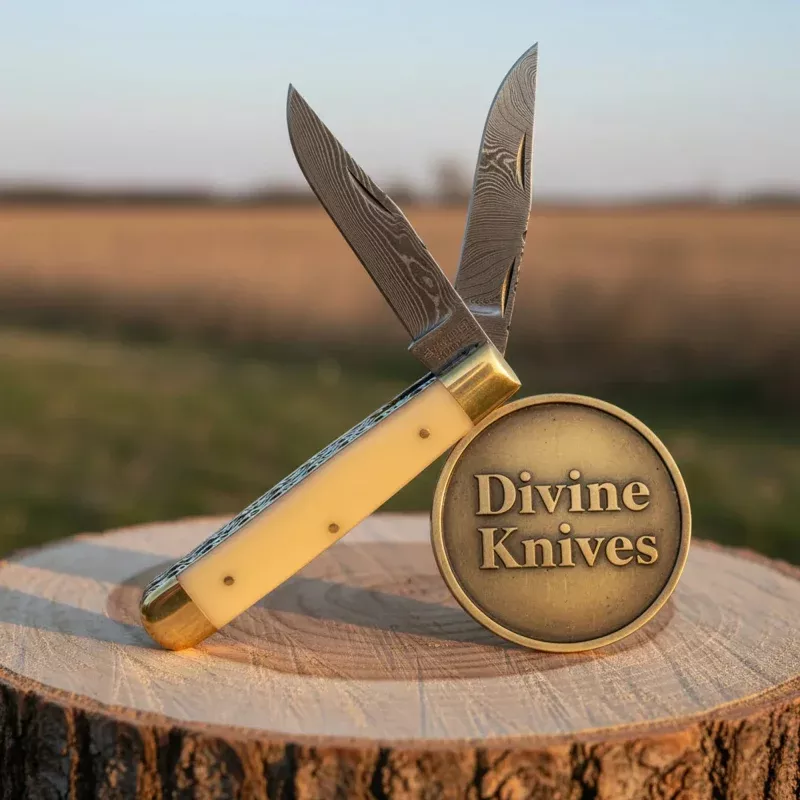 Classic Double Blade Damascus Trapper Knife with Jigged Bone Grip