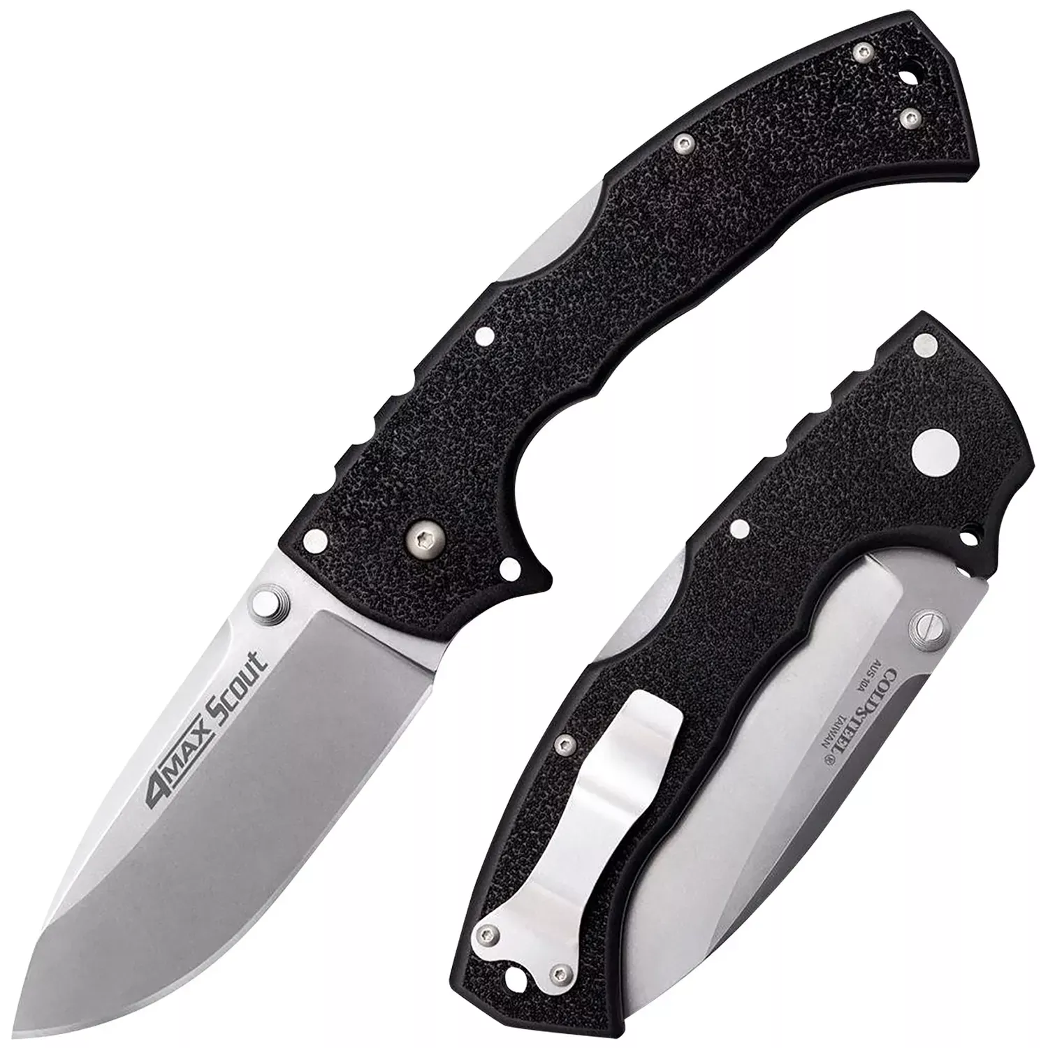 Cold Steel 4-Max Scout 4" Folding Drop Point Plain Stonewashed 6" Black Griv-Ex Handle Includes Belt Clip