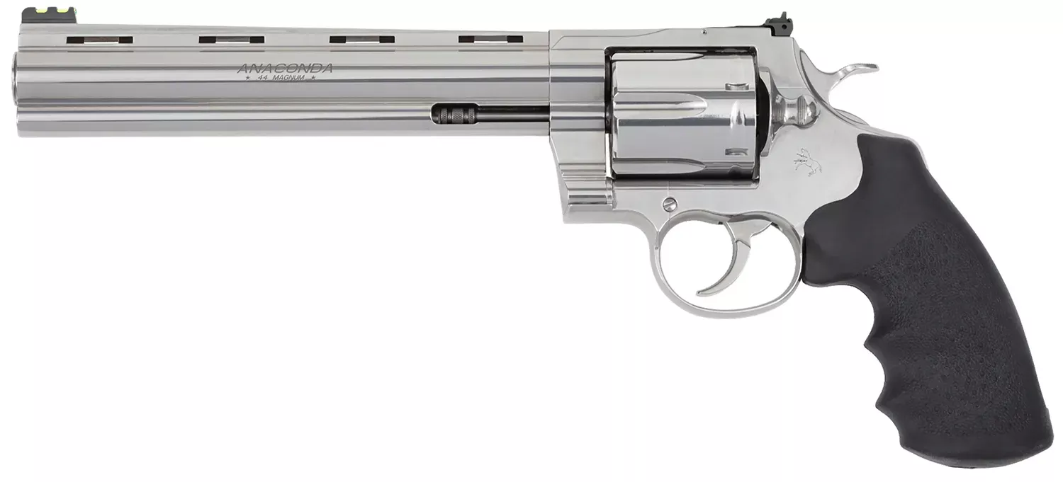 Colt Anaconda Target .44Mag 6rd 8″ Vent Rib Barrel Fiber Optic Front Sight Adjustable Rear Sight Black Rubber Grip DAO Stainless ANACONDASP8RFT