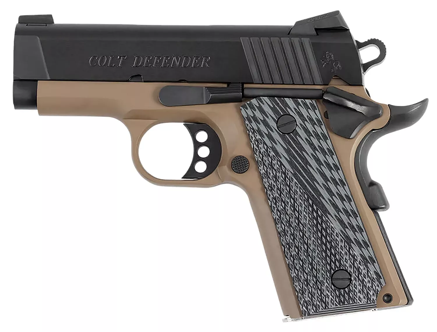 Colt Mfg Defender 45 ACP Pistol 3″ Two Toned Black with FDE O7800XEFDE