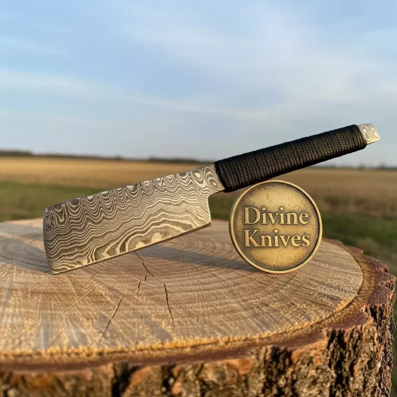 Compact Damascus Mini Cleaver with Cord-Wrapped Handle