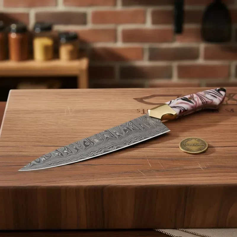 Copper Damascus Chef Knife with Bone HandleHandcrafted Kitchen & Collector’s Piece