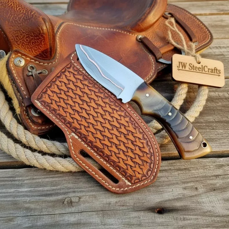 Copper Damascus Knife with Ram Horn Handle, 7 Full Tang