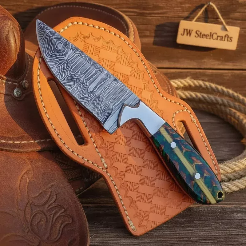 Custom Cowboy Damascus Fixed Blade Knife 7.5 Green Pinecone Handle Steel Bolster Leather Sheath