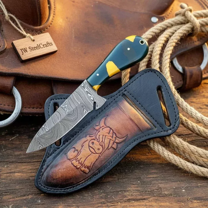 Damascus Basilisk Skinner KnifeHand-Forged Drop Point Blade with Green & Yellow Composite Handle
