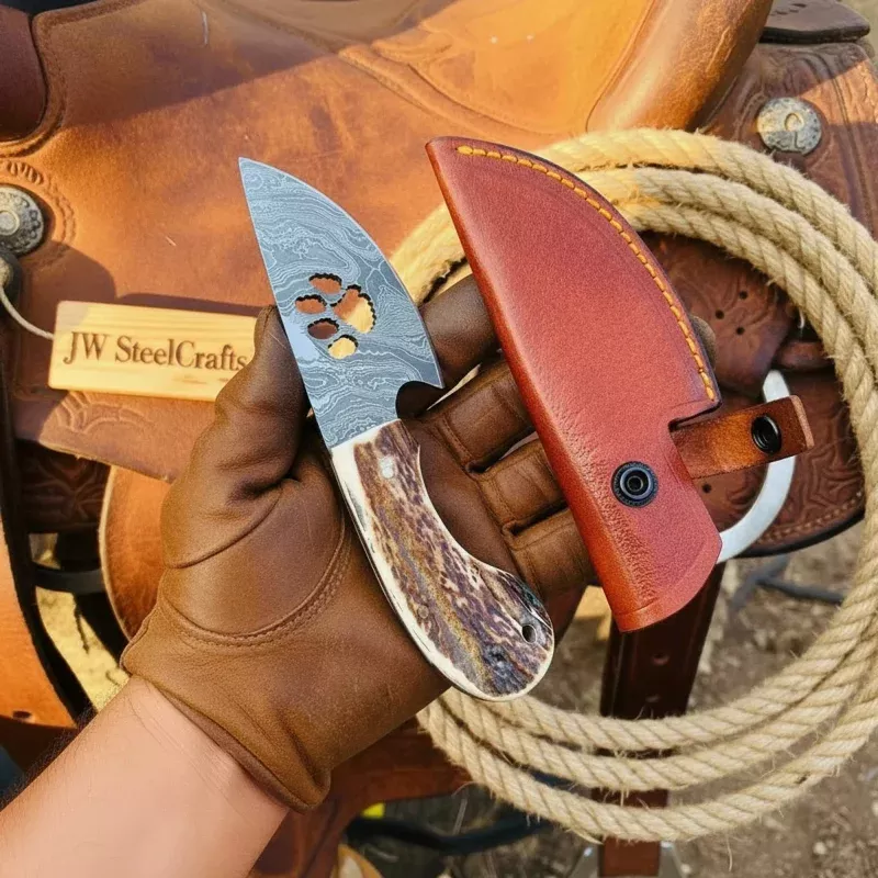 Damascus Bear Paw Skinner Knife 7 Stag Handle Paw Print Blade