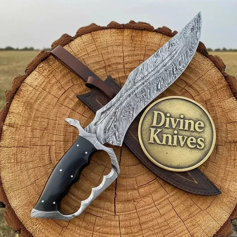 Damascus Bowie Knife with Ram Horn HandleHandcrafted Collectible Display Piece