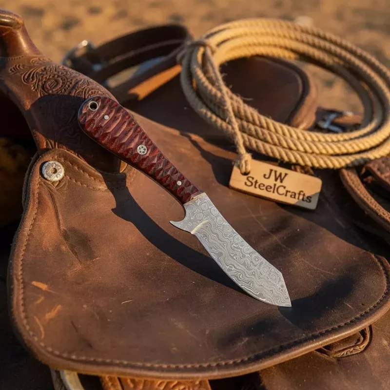 Damascus Bull Cutter Knife 7 Full Tang with Red Micarta Handle