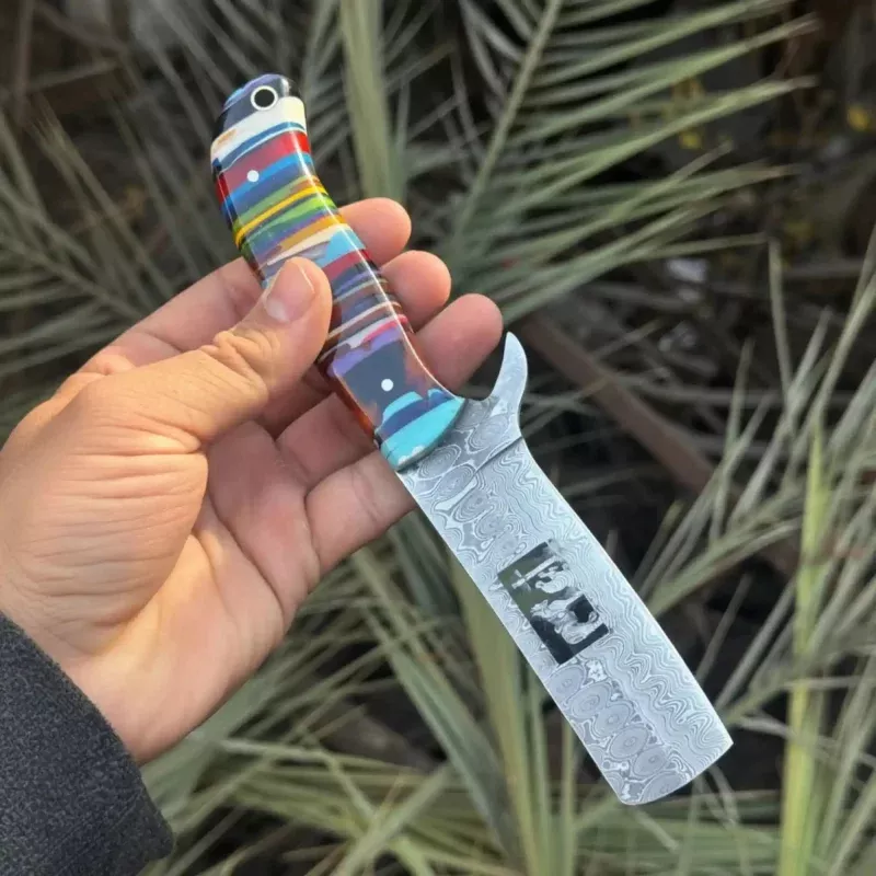 Damascus Bull Cutter KnifeMulti-Color Rainbow Resin Handle, Christian Cross Blade Engraving, Steel Bolster & Lanyard Hole