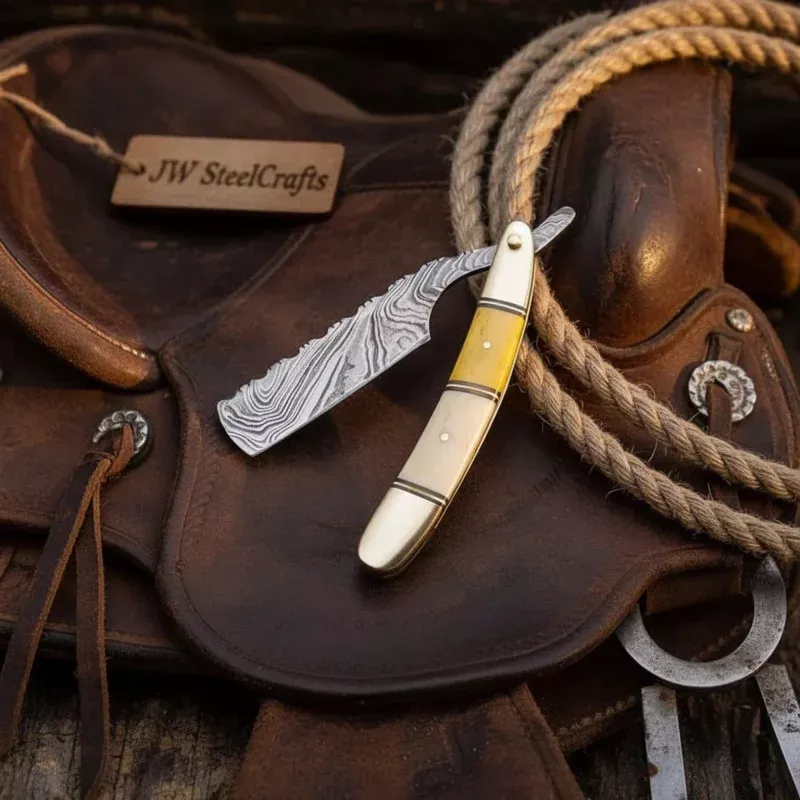 Damascus Cattleman Straight Razor with Bone Handle