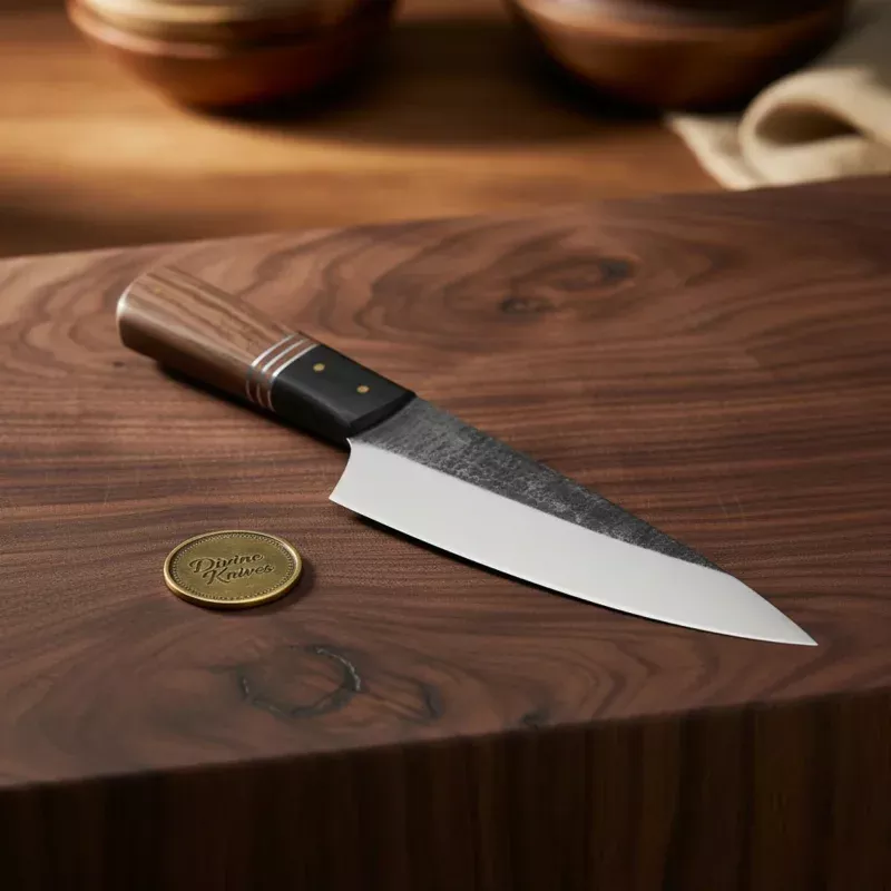 Damascus Chef Knife with Black Handle & Leather SheathHandcrafted Kitchen Knife with Gift Box