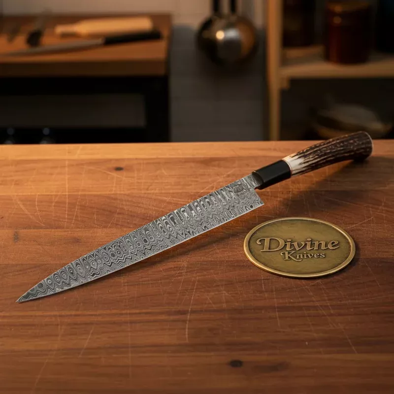 Damascus Chef Knife with Resin HandleHandcrafted Green & Cream Kitchen Knife