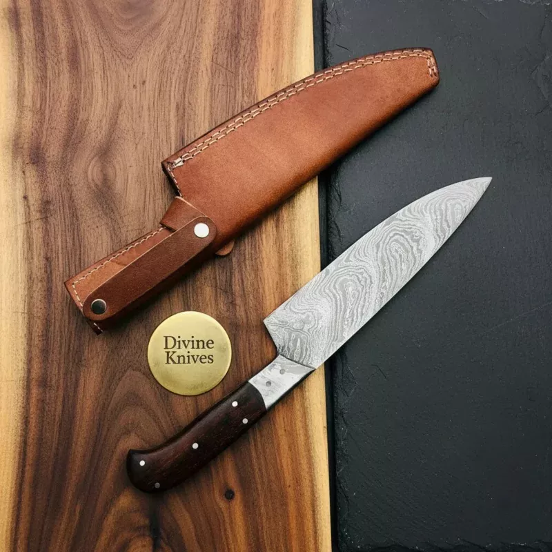 Damascus Chef Knife with Sheath & Wood HandleHandcrafted Kitchen Knife for Daily Use
