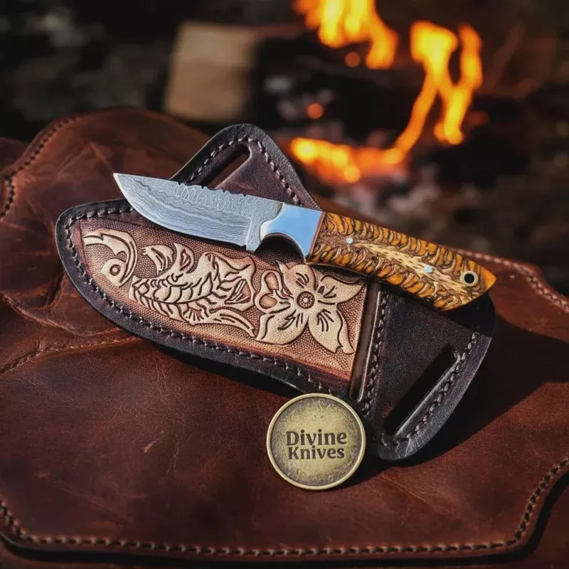 Damascus Cowboy Knife with Golden Pine Cone Resin HandleHandmade Outdoor Tool