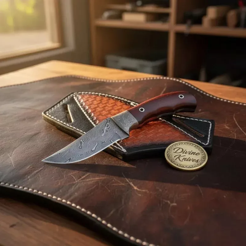 Damascus Cowboy Knife with Red Micarta HandleHandcrafted Outdoor Tool with Damascus Bolster