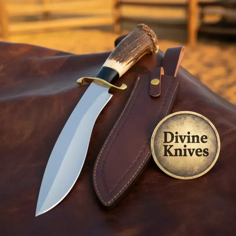 Damascus D-Guard Bowie Knife with Leather SheathHandcrafted Collectible Display Piece