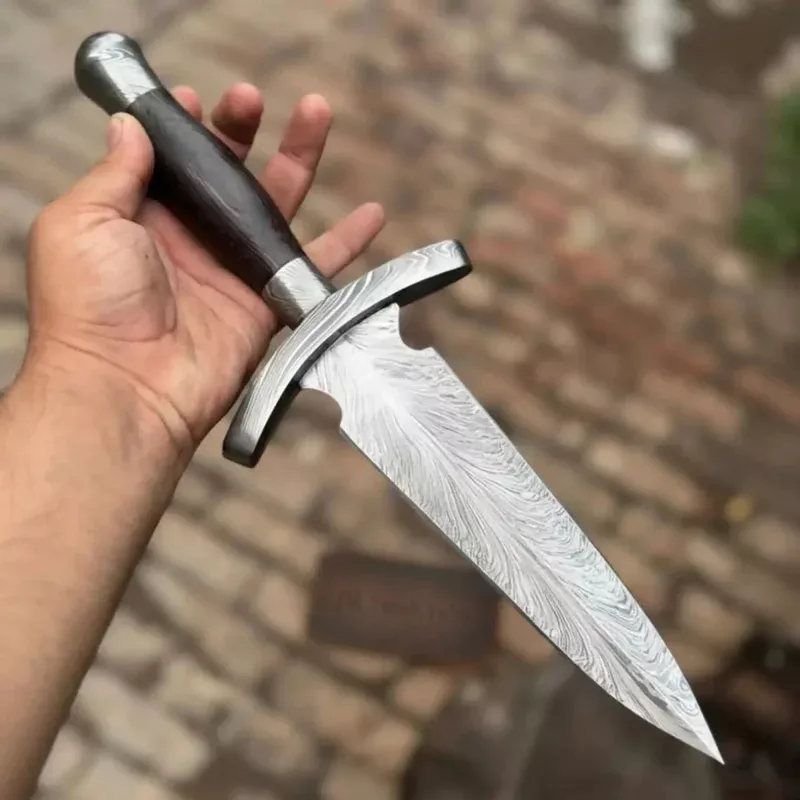 Damascus Double Edge Dagger 8 Knife Spear Point Blade Wooden Handle Crossguard Fixed Blade